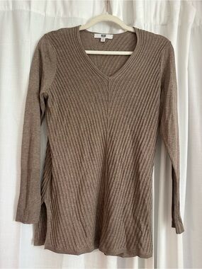 Etcetera Taupe Ribbed V-Neck Tunic Sweater